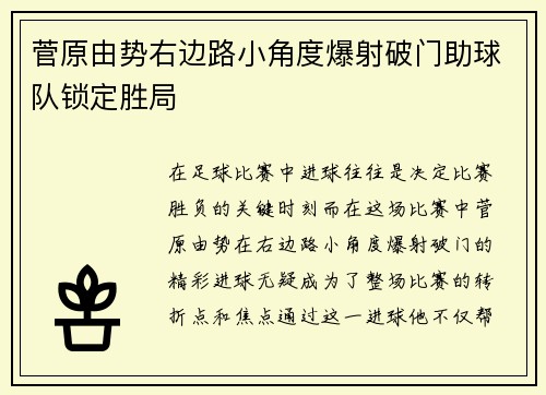 菅原由势右边路小角度爆射破门助球队锁定胜局