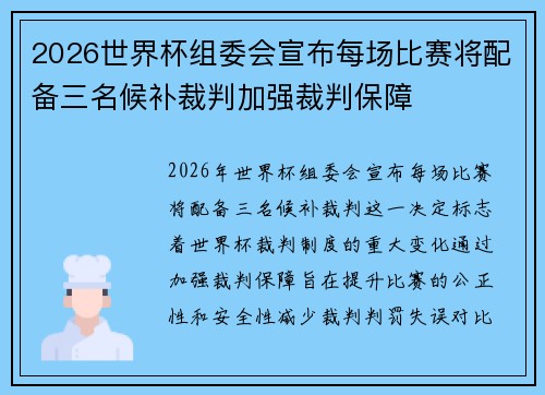 2026世界杯组委会宣布每场比赛将配备三名候补裁判加强裁判保障
